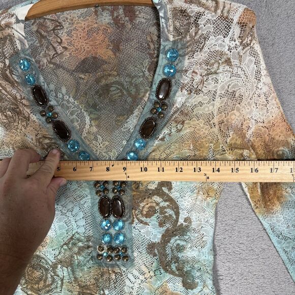 Boston Proper Lace Mesh Stretch Top Size XS Artsy Boho Layering Sheer Y2K Grunge - Picture 8 of 16